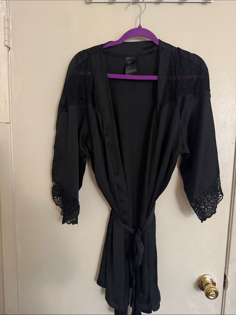H&M Black Satin Robe with Lace Trim